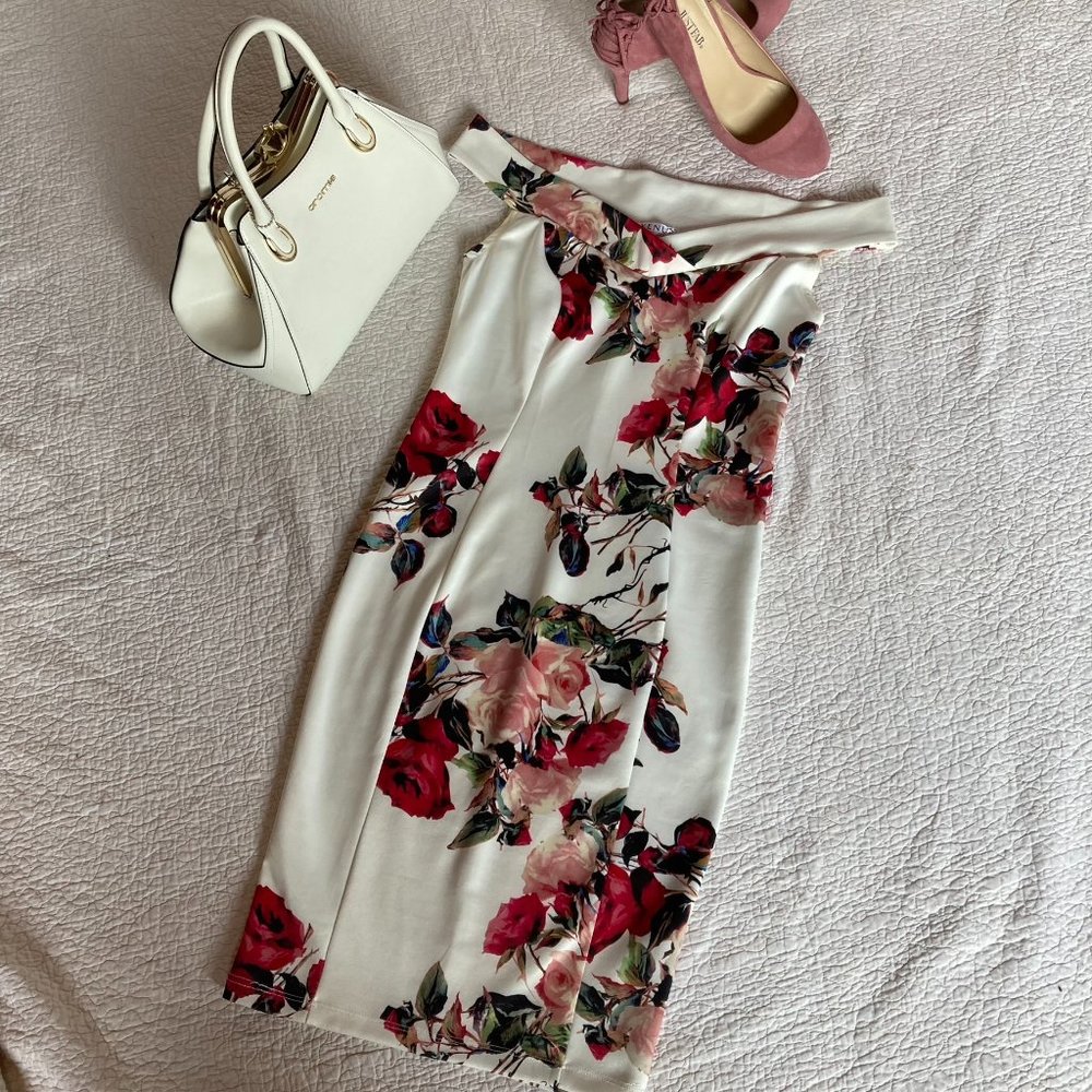 Venus Off-Shoulder Floral Scuba Sheath Dress sz S (Fits like XS)